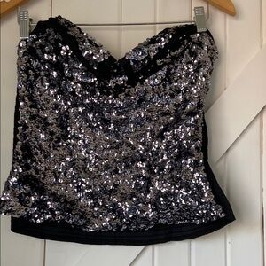 Vintage Y2K Bebe Women’s Large Sequin Black Silver Corset Bustier Top Cr…